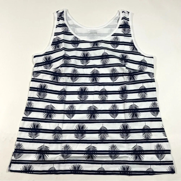 New Lands End Interlock Cotton Tank Top Size 1X Blue Palm Stripe - Picture 2 of 9